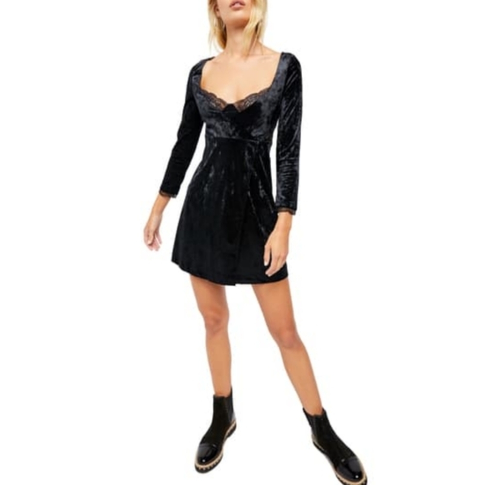 Free People Kat Velvet Faux Wrap Long Sleeve Mini Dress Black M - Picture 5 of 13